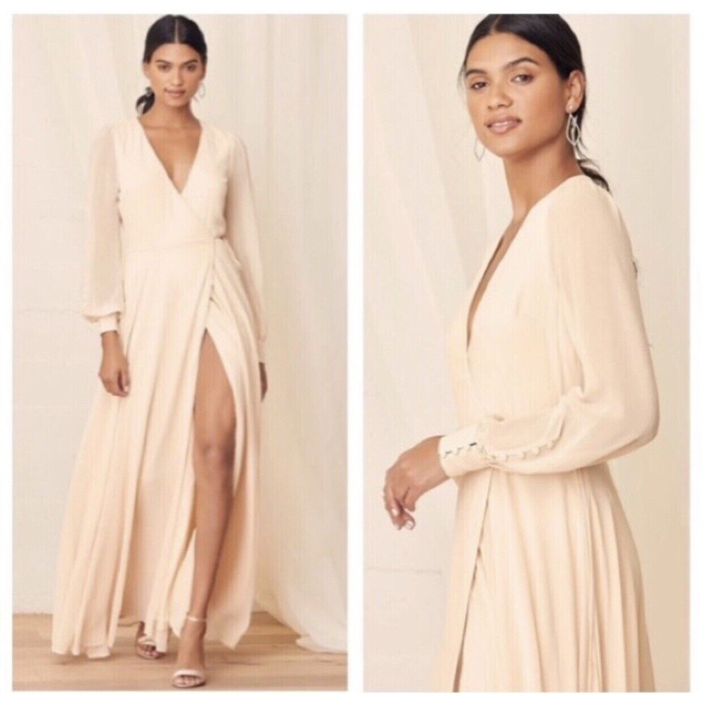 Lulu's Cream Pleated Wrap Gown with Bishop Sleeves